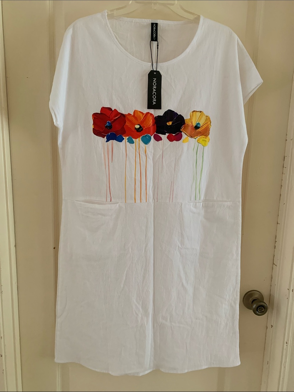 Noracora White Midi Dress with Colorful Floral Print